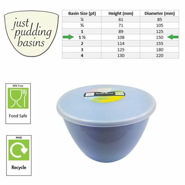 1.5 Pint Blue Pudding Basin with Lid size