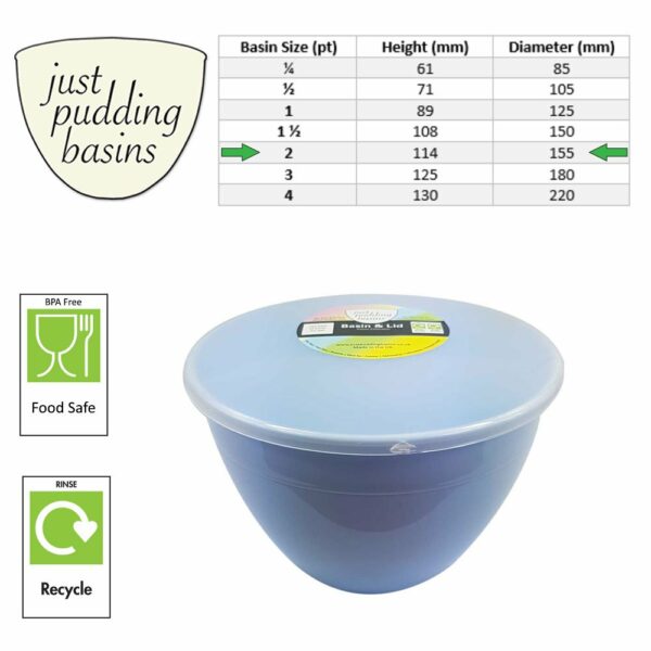 2 Pint Blue Pudding Basin with Lid size