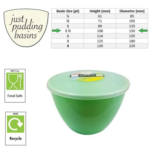 1.5 Pint Green Pudding Basin with Lid size