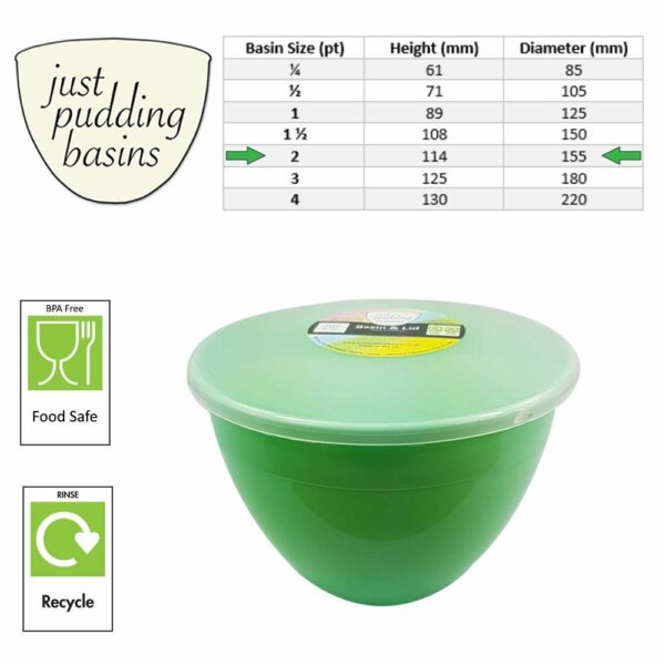 2 Pint Green Pudding Basin with Lid size