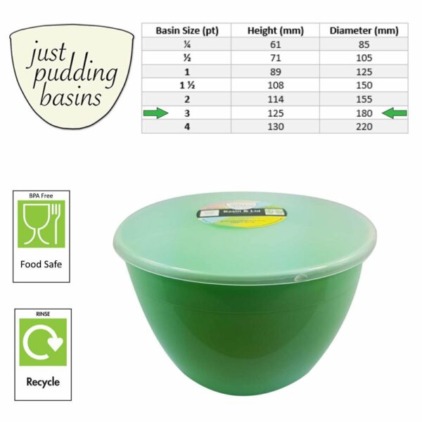 3 Pint Green Pudding Basin with Lid size