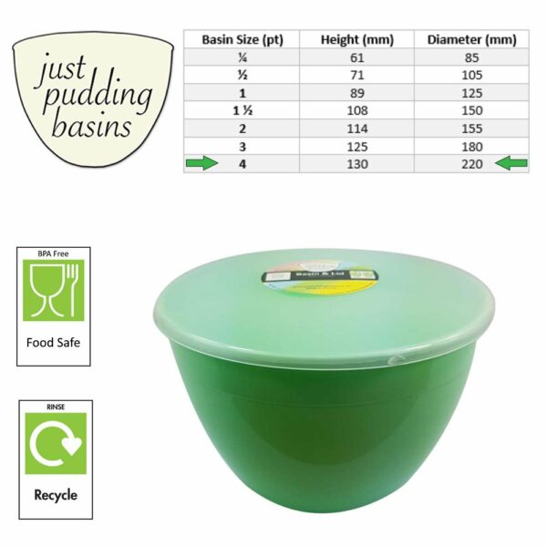 4 Pint Green Pudding Basins with Lids size