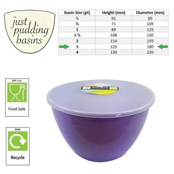 3 Pint Lilac Pudding Basin with Lid size