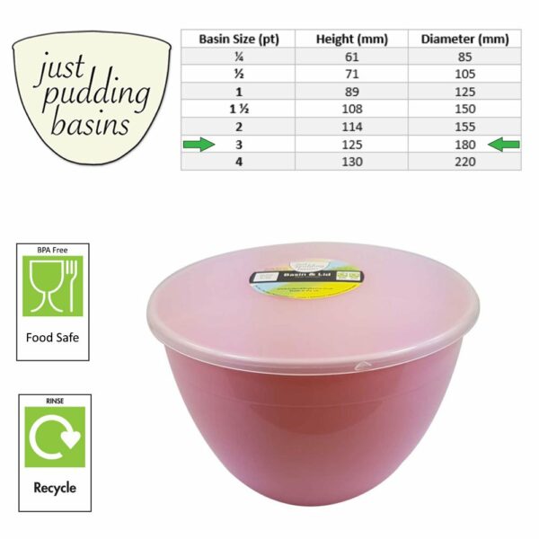 3 Pint Pink Pudding Basin with Lid size
