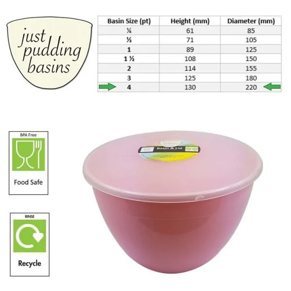 4 Pint Pink Pudding Basins with Lids size