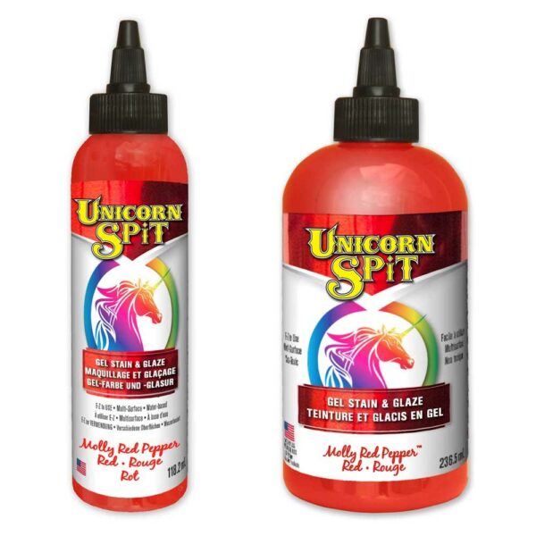 Red Unicorn SPiT - Molly Red Pepper, allows anyone to turn ordinary objects into personalised MASTERPIECES! Use on wood, glass, metal, fabric, pottery, wicker, concrete and laminate. Ideal for creating new – or – refinishing thousands of projects. Excellent for crafters, hobbyists, DIYers and pros alike!RED PAINT, GEL STAIN and GLAZE in One!Make your project as opaque or vibrant as your dreams requireUse as a paint or dilute with water to create a gel, glaze, stain, white wash or antiquing tintPenetrates deep into bare wood grain or glazes over existing finishes, brightening and highlighting painted surfacesProvides a 3-dimensional effectJasmine scentedRed Unicorn SPiT mixes with the Sparkling SPiT range  Pink Paint, Gel & Stain < Back | Next > Orange Paint, Gel & StainDIRECTIONS FOR USE AS A LIGHT GLAZE, WHITE WASH OR ANTIQUING AGENT:SHAKE BEFORE USINGDilute Unicorn SPiT up to 30% with water to make a light glaze, white wash or antiquing agent. Diluting Unicorn SPiT with water allows you to control the opaqueness. Add 10 parts Unicorn Spit in a re-sealable container to be diluted with water. Test the dilution on a small, dry, clean sample piece of the same substrate as your project, gradually adding up to 3 parts water until the desired effect is achieved.Apply the diluted Unicorn SPiT to the surface once it is completely void of all oil, dirt, grime, paint, stain, or anything that may inhibit the product from making contact with the surface to antique, age, paint, highlight or lowlight.Continue to add or blend multiple colours to the surface in separate areas creating designs to achieve the desired look.Once dry, use a soft (dry or damp) cloth to polish away Unicorn SPiT until your desired effect has been achieved.Apply to unsealed chalk or mineral style paint to create custom colour highlighting and lowlighting before sealing.Allow to dry. Dry time is approximately 30-60 minutes (depending on material, humidity and temperature) or until a chalky finish appears.Seal with any oil-based coating/sealer. For better protection and a higher gloss, repeat coats of sealer as indicated on the product’s instructions. High Gloss Sealers will help achieve a three dimensional look.DIRECTIONS FOR USE AS A STAIN OR DYE:SHAKE BEFORE USING.Dilute Unicorn SPiT up to 50% with water to make stain. Diluting Unicorn SPiT with water allows you to control the opaqueness and absorption into the porous surface. Add 10 parts Unicorn Spit in a re-sealable container to be diluted with water. Test the dilution on a small, dry, clean and bare sample piece of the same substrate as your project, gradually adding up to 5 parts water until the desired effect is achieved.Apply the diluted Unicorn SPiT to the bare surface once it is completely void of all oil, sealer, dirt, grime, paint, stain, or anything that may inhibit the product from making contacting with the bare porous surface.Continue to add or blend multiple colours to the surface in separate areas creating designs to achieve the desired look.Allow to dry. Dry time is approximately 30-60 minutes (depending on material, humidity and temperature) or until a chalky finish appears.After drying, lightly buff the surface with a fine grade sand paper (120-220 grit) or extra-fine steel wool (following the grain) to remove any excess or clumps.Dust off thoroughly.Seal with any oil-based coating/sealer. For better protection and a higher gloss, repeat coats of sealer as indicated on the product instructions. High Gloss Sealers will help achieve a three dimensional look.TIPS TO CREATE VARIOUS FINISHES: Intermingle chalky paint finishes or metallic spray paint with Unicorn SPiT to achieve unique finishes. Topcoats must be oil-based. Water-based coatings will alter the look of Unicorn SPiT.CUSTOM COLOURS: Most water-based paints (chalk style or mineral based) can be mixed with Unicorn SPiT to create custom colours.If you have any further questions then visit our Unicorn SPiT FAQ SectionSafety Data Sheet can be download here.