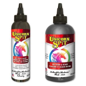 Black Unicorn SPiT - Midnights Blackness, allows anyone to turn ordinary objects into personalised MASTERPIECES! Use on wood, glass, metal, fabric, pottery, wicker, concrete and laminate. Ideal for creating new – or – refinishing thousands of projects. Excellent for crafters, hobbyists, DIYers and pros alike!BLACK PAINT, GEL STAIN and GLAZE in One!Make your project as opaque or vibrant as your dreams requireUse as a paint or dilute with water to create a gel, glaze, stain, white wash or antiquing tintPenetrates deep into bare wood grain or glazes over existing finishes, brightening and highlighting painted surfacesProvides a 3-dimensional effectJasmine scentedBlack Unicorn SPiT mixes with the Sparkling SPiT rangePurple Paint, Gel & Stain < Back | Next > Teal Green Paint, Gel & StainUse Black Unicorn SPiT as a paint, gel or stain on most any material. Create masterpieces on wood, glass, metal, fabric, pottery, concrete, laminate, wicker and most other substrates.GENERAL DIRECTIONS:SHAKE WELL and test small area before use. Can be applied with a brush, foam pad, or your hands! Dry time depends upon thickness of the application. Dry time is approximately 30-60 minutes (depending on material, humidity and temperature) or until a chalky finish appears. Unicorn SPiT dries quickly. Use a spray bottle of water to keep product from drying out and to easily manipulate. Once dry, use a non-waterbased coating to protect, add gloss and dimension.1, Laminate use: Sand the surface with 220 sand paper after cleaning, then dust well before applying.2, Glass: For best results, mix Unicorn SPiT with a WATER-BASED decoupage before applying to glass. For a solid/non-transparent colour, use a 1:1 ratio of Unicorn SPiT /decoupage. For more transparent colour (stained-glass style) results, use 1-part Unicorn SPiT to 4-parts decoupage. Apply mixture directly to glass and let cure completely. To add durability to the exterior of regularly handled items, spray a light, NON-WATER BASED clear coat over project and let dry.Fabric use:Stamping method: Use Unicorn SPiT full strength for “stamping” (creating design on a separate surface and then “stamping” it on to a fabric project).  Then, use a water bottle and your hand or brush to blend.Direct to fabric projects:  Mix Unicorn SPiT with 3-7 parts water in a spray bottle or cup and brush it on, drip it on or spray it on.   Protecting your finished project:  Use a NON-WATERBASED product intended for waterproofing fabric after Unicorn SPiT has completely dried. Washing: Fabric will retain much of the Unicorn SPiT colour if treated before washing (see various methods below)*.  For best results, wash in cold water by hand (with very little laundry detergent).  Rinse with cold water.  Various methods to increase the colourfastness of the Unicorn SPiT before washing are as follows:        - Fabric Medium:  Mix a Fabric Medium with Unicorn SPiT according to instructions on the Fabric Medium bottle.        - Allure® Dimensional Design Adhesive Paint:  Mix Unicorn SPiT with Allure Gloss (Shiny Clear) in a 1:1 ratio.  Dry flat 5 hours.  Washable after 72 hours.         - Non-waterbased fabric protectant:  Let Unicorn SPiT dry.  Apply protectant.  Allow to dry as indicated on product. Let set for 24 hours before washing.        - Hair Dryer:  Let Unicorn SPiT dry.  Use hottest blow dryer setting to heat fabric until fabric is hot.  Allow to cool back down to room temperature.  Let set for 24 hours before washing.        - Iron:  Let Unicorn SPiT dry.  Put iron on hottest setting (without moisture).  Lay wax paper over fabric.  Iron front and back of fabric until hot.  Allow to cool back down to room temperature.  Let set for 24 hours before washing.        - Vinegar:  Put fabric with dried Unicorn SPiT design in cold water/vinegar at a 1:1 ratio mix.  Let set in vinegar for 24 hours.  Rinse with cold water and a very small amount of laundry detergent immediately after removing from water/vinegar solution.  Lay flat to dry.        - Clothes dryer:  Put fabric with dried Unicorn SPiT design in dryer for 1 hour on hottest setting.  Remove and allow to cool to room temperature.  Let set for 24 hours before washing.    *Zia is not a colourfast colour.  Use other colours if project will be exposed to moisture.    NOTE:  If a more washed-out look is desired:  Let set for 24 hours before washing.  Machine wash in gentle cycle with cold water.  Machine dry if desired.If you have any further questions then visit our Unicorn SPiT FAQ SectionSafety Data Sheet can be download here.