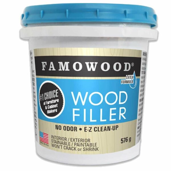 Famowood Latex Wood Filler Natural | Other colours/shades can be found by clicking here.INSTRUCTIONS FOR SAFE USEFollow these step-by-step directions when using FAMOWOOD Latex Wood Filler:1. For best adhesion, cracks or defects should be clean and dry.2. Press firmly into defect by hand or putty knife.3. A thin film will dry within minutes. Lower temperatures require longer drying periods.4.When dry, sand flush with surrounding surfaces.5. Surfaces may be painted, varnished, lacquered, waxed, or shellacked, after FAMOWOOD application.6. FAMOWOOD can be drilled, nailed, planed, or sawed like ordinary wood.7. Clean tools, while still wet, with water or soap and water. If the product has dried on tools, use chlorinated solvent or steam.8. Close container after each use.