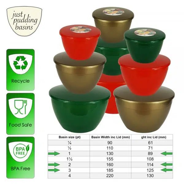 9 Festive Coloured Pudding Basins Sizes